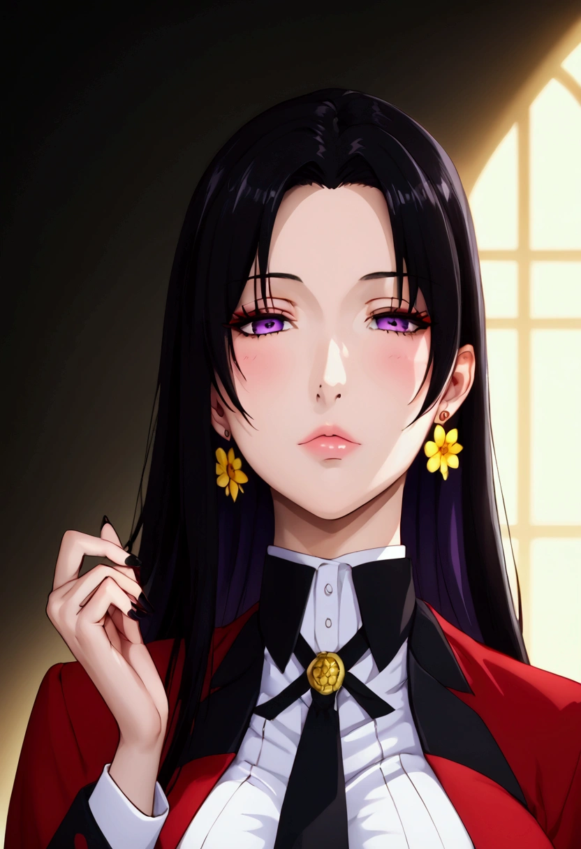 (1 girl,  anime style , anime 2d, detailed, realistic line,  good resolution ),  a beautiful high school girl with large breasts , (bust size 180 cm),  beautiful and well-defined body ,  fine winding,  long, smooth hair with ends that curl up to out at the end with a length that reaches up to below the waist,  bluish black hair ,  with long fringes and locks on the front that reach the height of the breasts , ( beautiful and shiny hair ), with a bow on the back of the head ,  beautiful, rosy lips , (lábios bonitos e detaileds), fair and beautiful skin, pretty purple eyes , (olhos bonitos e detaileds),  red eyeliner on her eyes , wearing gold flower-shaped earrings ,  long black nails , rings on the fingers,  the character is wearing a traditional uniform with a white shirt with small horizontal stripes ,  and a red jacket with black buttons and a collar around the neck and a black tie with a gold flower brooch ,  and a gray mini skirt with long black socks all torn and leather boots with long black heels , standing, half-closed eyes,  looking at the viewer , posing,  the background will be in an empty classroom at a school at sunset 