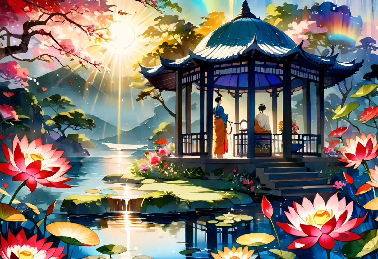 ((( elaborate watercolor painting depicting the beautiful imaginary landscape of Gautama Siddhartha))),(((Soul Love ))),(( top quality ,masterpiece:1.5)),((Dazzling light)),((Ohms)),((Muddler )),(( with an overall bluish tinge )),( Large Coloured Photons :1.5),( Splendid flowers in the foreground ),( pearl white ),( Perfect Anatomy ),( Ultra High Quality ),( detailed background),(Artwork),( shining flowers ),(Great harmony ),(The 々 creatures you depict are beautiful),Desaturated:1.1, Rich Color Palette ,Beautiful and fantastic lighting, anime style,Beautiful waterside ,truth,joy,thank you,comfortable,fair,Elegance,Polite , true strength , full of vitality ,altruism,Beautiful,clean, soft,Here and now , Forget Time ,Unadorned ,fun,continuation,Cute Animals,Dome-shaped roof 