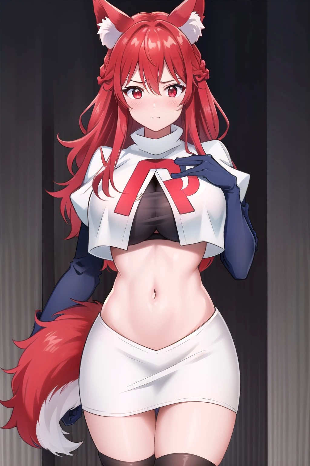 (extremely detailed CG unity 4k wallpaper),(masterpiece),(best quality),(ultra-detailed),(best illustration),(best shadow),(absurdres),(detailed background), Flay, 1girl, animal ears, solo, breasts, tail, long hair, large breasts, fox ears, red eyes, looking at viewer, fox tail, multicolored hair, hair between eyes, animal ear fluff, red hair, skin tight, blush, cowboy shot, bangs, gradient hair, team rocket,team rocket uniform,white skirt,red letter R,crop top,black thigh-highs,black elbow gloves