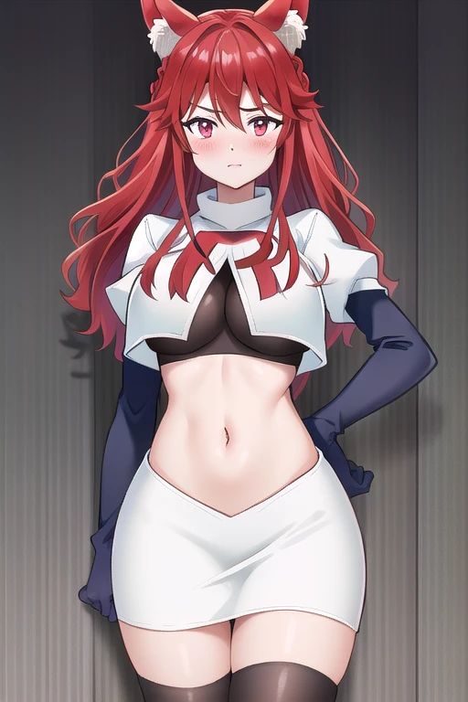 I am Hikaru, I am a white furred cat woman with long red hair along with cat ears and light black eyes with a black cat tail. I am 1.60 cm tall and weigh 46 kg, my breasts measure 300 cm, my waist 60 cm and my hips 200 cm. Dressed in a white mini skirt revealing the black thong I was wearing along with a short, tight black top. With big breasts 300 cm
