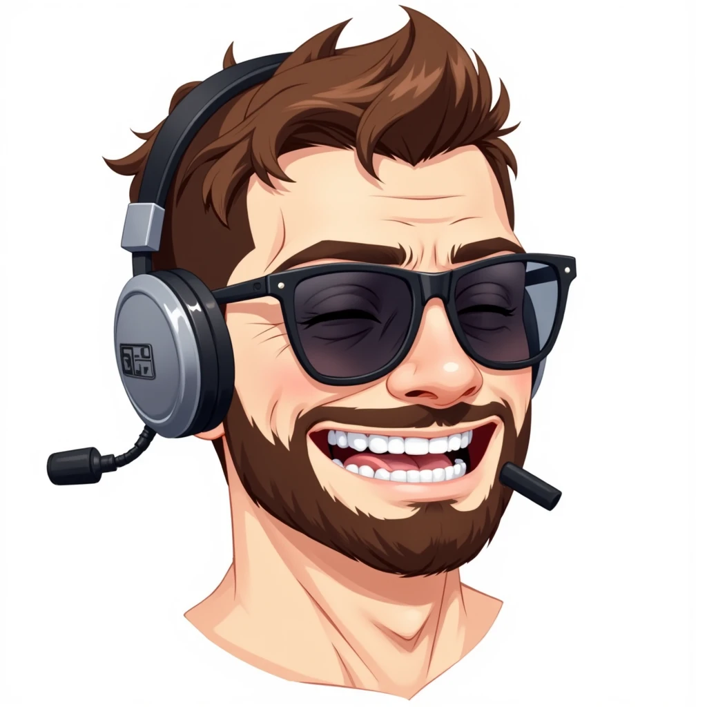 Create a cartoon-style illustration of a character with exaggerated features. The character should have brown hair and a beard, beige skin, and be wearing black sunglasses and a gray headset with a microphone extending from the left side. The headset should have a small logo or emblem on the right side. The character should be facing forward with a slight tilt to the left by about 35 degrees, displaying a wide, exaggerated grin with all teeth showing and closed eyes, suggesting laughter or extreme happiness. Use smooth textures with clear outlines, and apply even lighting with no strong shadows for a flat, graphic appearance. The dominant colors should be black, brown, beige, and gray. The background should be minimal, focusing entirely on the character's face and upper body."