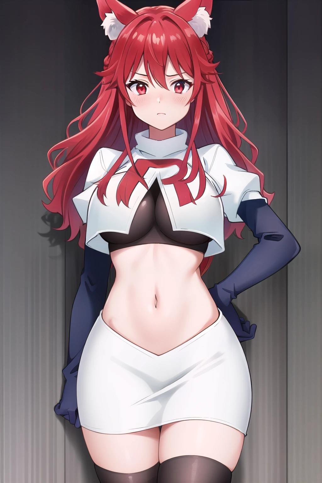 (extremely detailed CG unity 4k wallpaper),(masterpiece),(best quality),(ultra-detailed),(best illustration),(best shadow),(absurdres),(detailed background), Flay, 1girl, animal ears, solo, breasts, tail, long hair, large breasts, fox ears, red eyes, looking at viewer, fox tail, multicolored hair, hair between eyes, animal ear fluff, red hair, skin tight, blush, cowboy shot, bangs, gradient hair, team rocket,team rocket uniform,white skirt,red letter R,crop top,black thigh-highs,black elbow gloves