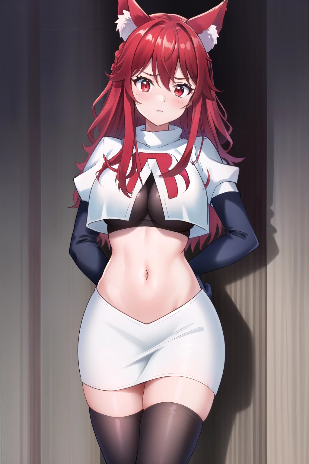 (extremely detailed CG unity 4k wallpaper),(masterpiece),(best quality),(ultra-detailed),(best illustration),(best shadow),(absurdres),(detailed background), Flay, 1girl, animal ears, solo, breasts, tail, long hair, large breasts, fox ears, red eyes, looking at viewer, fox tail, multicolored hair, hair between eyes, animal ear fluff, red hair, skin tight, blush, cowboy shot, bangs, gradient hair, team rocket,team rocket uniform,white skirt,red letter R,crop top,black thigh-highs,black elbow gloves