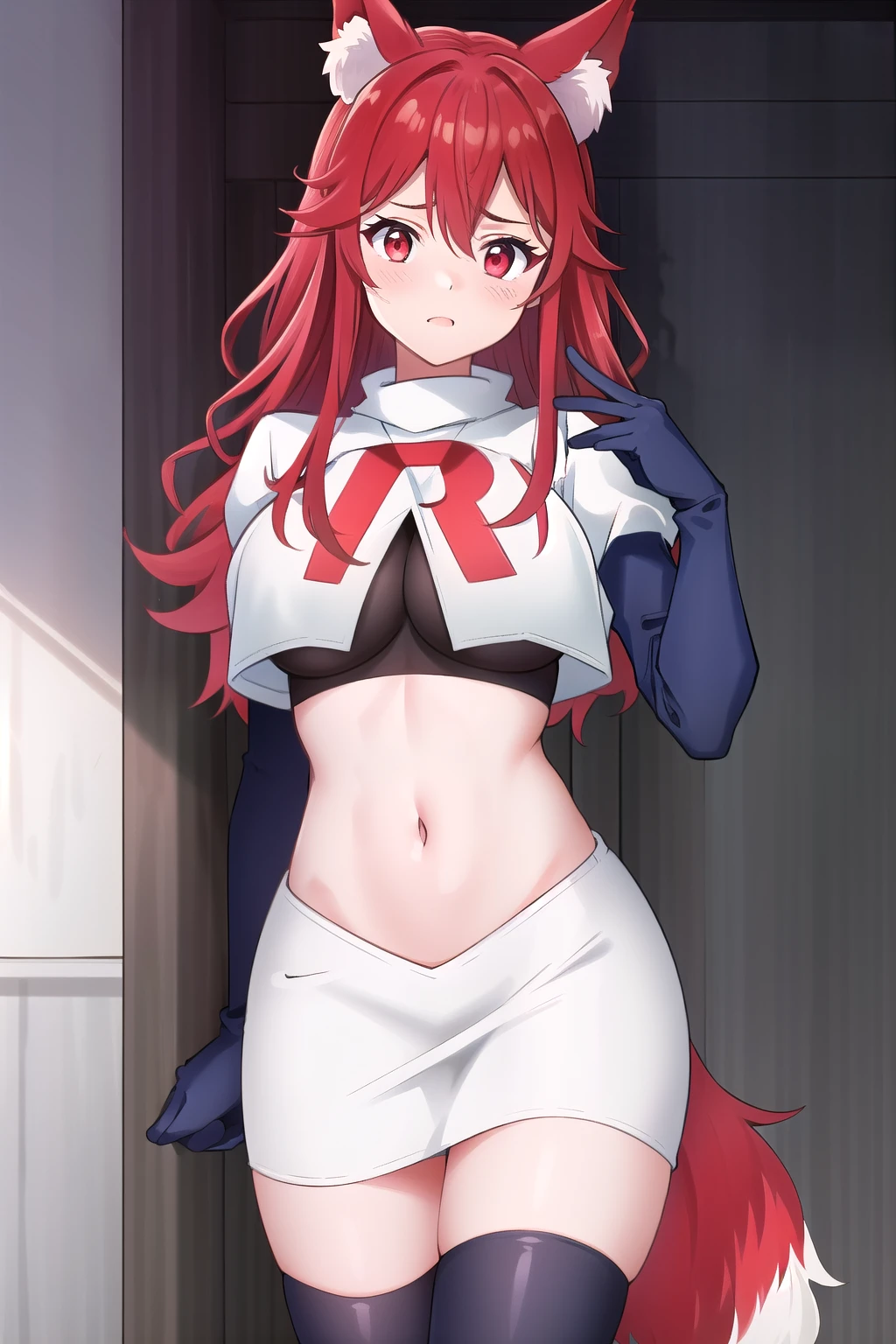 (extremely detailed CG unity 4k wallpaper),(masterpiece),(best quality),(ultra-detailed),(best illustration),(best shadow),(absurdres),(detailed background), Flay, 1girl, animal ears, solo, breasts, tail, long hair, large breasts, fox ears, red eyes, looking at viewer, fox tail, multicolored hair, hair between eyes, animal ear fluff, red hair, skin tight, blush, cowboy shot, bangs, gradient hair, team rocket,team rocket uniform,white skirt,red letter R,crop top,black thigh-highs,black elbow gloves
