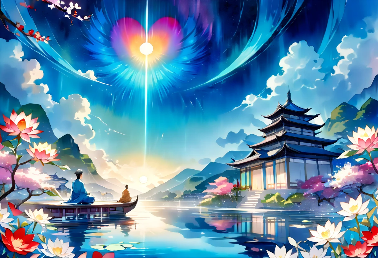 ((( elaborate watercolor painting depicting the beautiful imaginary landscape of Gautama Siddhartha))),(((Soul Love ))),(( top quality ,masterpiece:1.5)),((Dazzling light)),((Ohms)),((Tianzhu)),(( with an overall bluish tinge )),( Large Coloured Photons :1.5),( Splendid flowers in the foreground ),( pearl white ),( Perfect Anatomy ),( Ultra High Quality ),( detailed background),(Artwork),( shining flowers ),(Great harmony ),(The 々 creatures you depict are beautiful),Desaturated:1.1, Rich Color Palette ,Beautiful and fantastic lighting, anime style,Beautiful waterside ,truth,joy,thank you,comfortable,fair,Elegance,Polite , true strength , full of vitality ,altruism,Beautiful,clean, soft,Here and now , Forget Time ,Unadorned ,fun,continuation,Cute Animals,Dome-shaped roof ,Muddler 