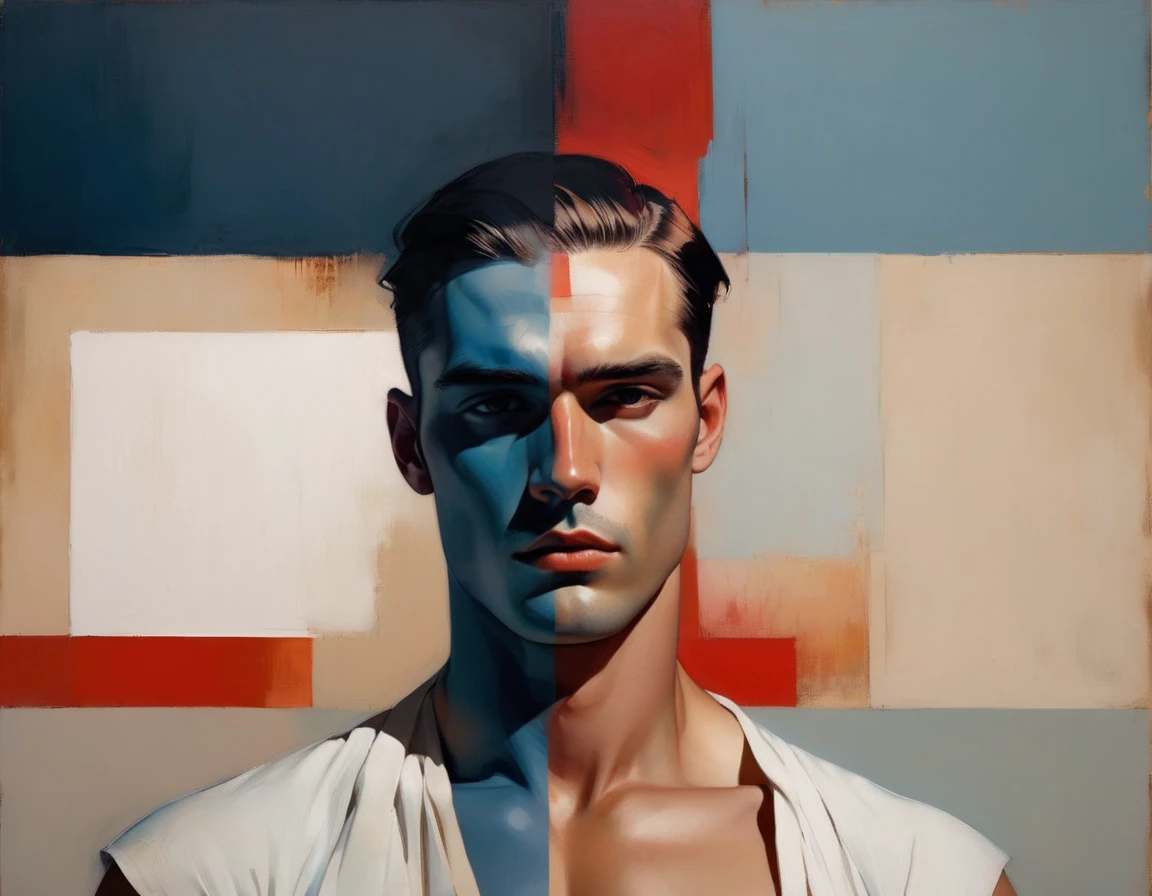 chiaroscuro technique on sensual illustration of an arafed man in white underwear, sexy masculine, diego fazio, male model, by Ludovit Fulla, model with attractive body, inspired by Ludovit Fulla, mid-shot of a hunky, the model draped in flowing, thick oil painting by Harumi Hironaka, extremely soft colors, vibrant, highly detailed, malcolm liepke painting, oil on canvas, high contrast, dramatic, refined, tonal, Create high contrast between light and shadow fire around, there is a red circle on a blue and red square, inspired by Bauhaus, in a shapes background, brown red blue, circle forms, red blue, by Leon Polk Smith, memphis abstract minimal art, graphic shapes, minimal art, blue and red, minimal art style, bauhaus art, inspired by El Lissitzky, bold simple shapes