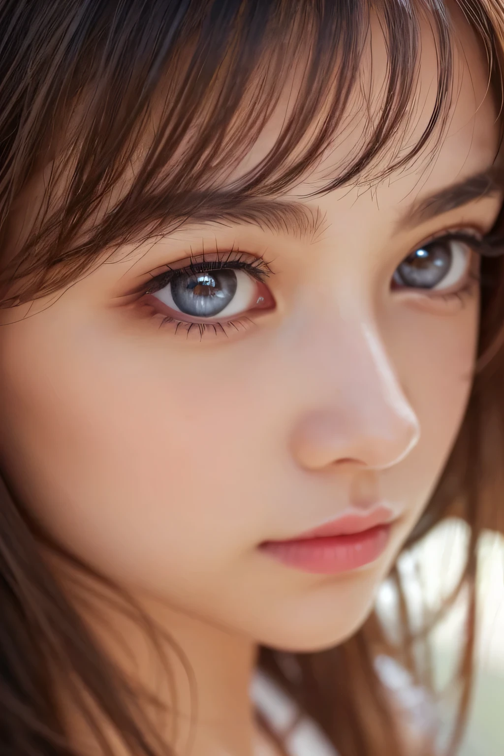 ((Highest quality)), ((masterpiece)), (detailed),natural Light, Japanese, 12 years old, Girl, (naked), close_up, (blue eyes), Bedside ,half-smile,,Lower ponytail ,extreme_close_up,