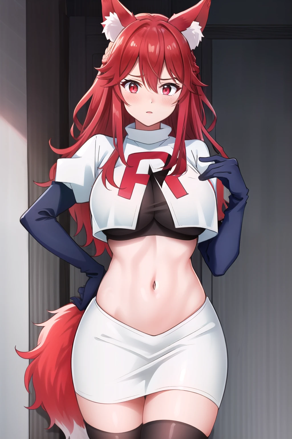 (extremely detailed CG unity 4k wallpaper),(masterpiece),(best quality),(ultra-detailed),(best illustration),(best shadow),(absurdres),(detailed background), Flay, 1girl, animal ears, solo, breasts, tail, long hair, large breasts, fox ears, red eyes, looking at viewer, fox tail, multicolored hair, hair between eyes, animal ear fluff, red hair, skin tight, blush, cowboy shot, bangs, gradient hair, team rocket,team rocket uniform,white skirt,red letter R,crop top,black thigh-highs,black elbow gloves