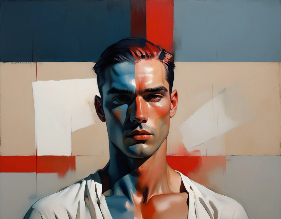 chiaroscuro technique on sensual illustration of an arafed man in white underwear, sexy masculine, diego fazio, male model, by Ludovit Fulla, model with attractive body, inspired by Ludovit Fulla, mid-shot of a hunky, the model draped in flowing, thick oil painting by Harumi Hironaka, extremely soft colors, vibrant, highly detailed, malcolm liepke painting, oil on canvas, high contrast, dramatic, refined, tonal, Create high contrast between light and shadow fire around, there is a red circle on a blue and red square, inspired by Bauhaus, in a shapes background, brown red blue, circle forms, red blue, by Leon Polk Smith, memphis abstract minimal art, graphic shapes, minimal art, blue and red, minimal art style, bauhaus art, inspired by El Lissitzky, bold simple shapes