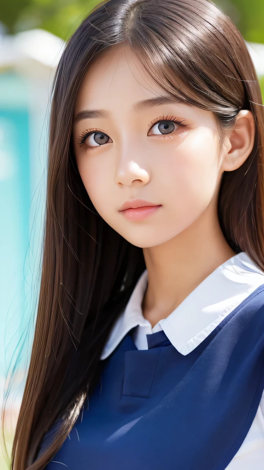 in 8K、超A high resolution、Top image quality、masterpiece、A hyper-realistic、a picture、女の子1人、(sixteen years old:1.3)、Cute little girl s、cute face、beautiful detail、(School Girl)、(Summer Uniforms:1.5)、(Medium big breasts:1.2)、(((radiant eyes))、