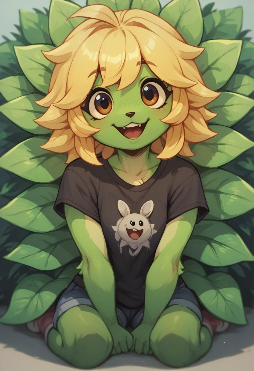 1 girl, plant girl, green fur, blonde, black t-shirt, cute