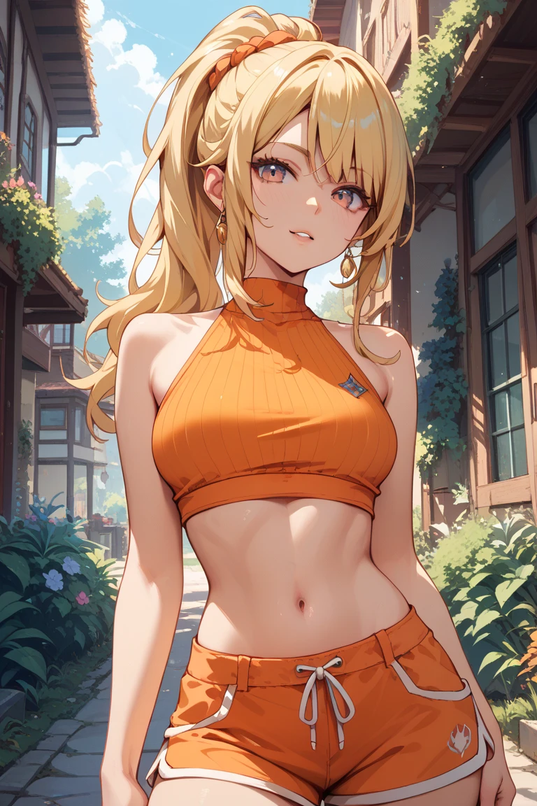 (masterpiece:1.2, best quality:1.2, beautiful, high quality, highres:1.1), detailed, extremely detailed 4K, perfect eyes, perfect face, perfect lighting, <lora:tool_addDetail:0.25>,(1girl, solo, adult female, mature female), <lora:detailed_eyes:0.7> ,
[muscular], thin,
<lora:concept_costume_edgSDress_(edgSDress):1>,edgSDress, wearing edgSDress, cowboy shot, outside, blue sky, trees, town background, (orange outfit:1.2), tube top, multicolored outfit, small breasts,
sandy blonde hair, french twist haircut, long hair, red eyes, jewelry