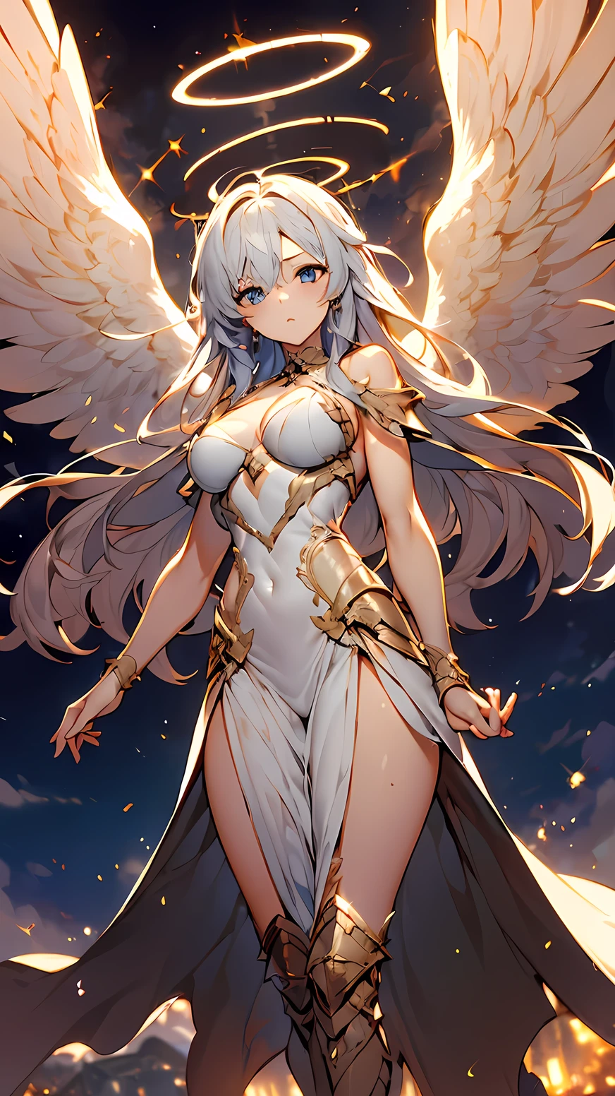 ((Best quality, 8k, Masterpiece: 1.3)), Sharp focus A beautiful girl with perfect body, Highly detailed face and skin texture, (Detailed eyes), Angel, winged angel, steel-armored angel, armed angel, light blue hair, messy long hair, hair over shoulder, halo, Scene descending from heaven, light shines from the sky In the darkness, sparkle, cinematic lighting, ray tracing