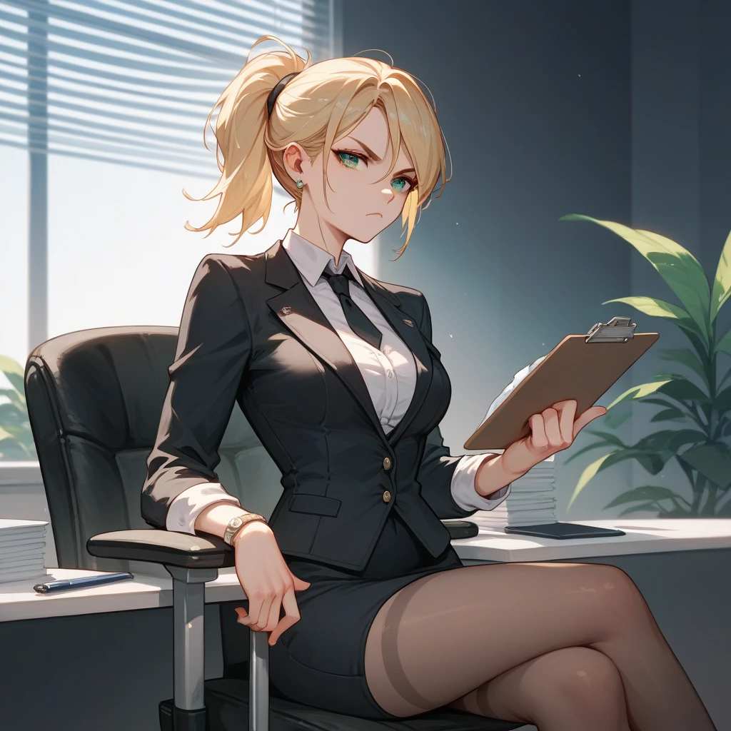 a blonde woman, hair tied in a ponytail, blue-green eyes, serious and arrogant look, wearing a black suit with golden details and holding a clipboard. Sitting in an office chair 