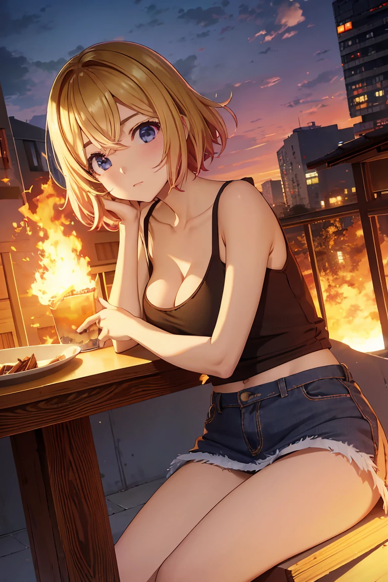 masterpiece, Highest quality anime illustrations, Super detailed,ultra high resolution、perfect lighting single girls, alone, Blonde、medium hair, anime , view at viewer,  cleavage、 crouching 、I have a lighted matchstick、 black tank top 、 sexy short denim skirt holding a lighted match stick、Black panties、panties pull、at night、 fence、Explosion and Flames 、 Explosion Military Base in Flames、Building on fire