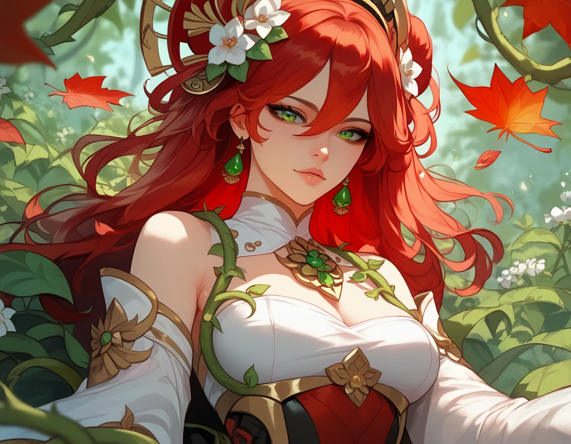 best quality,masterpiece,ultra high res,intricate detail,8K,sharp focus,((no text)),(extremely detailed CG unity 8k wallpaper),from behind,1girl,demon girl,looking back,demon horns,long hair,red hair,thick thighs,(Back tattoo:1.2),evening gown,halter dress,Tattoos on the back,perfect face, exquisite makeup,close up