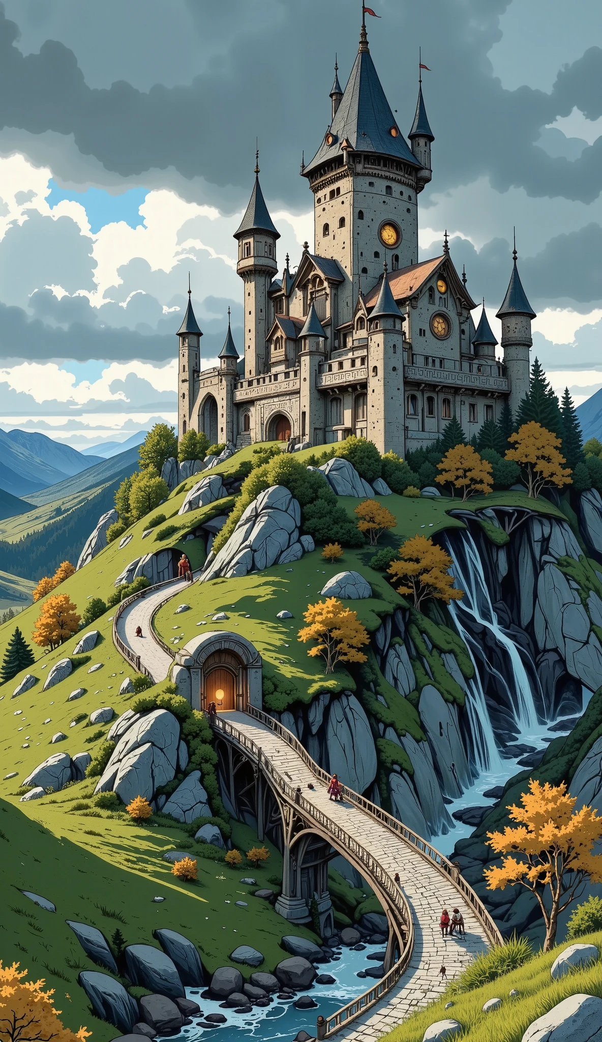  1 medieval fantasy scene ,  Detailed medieval castle , gothic architecture,  dramatic lighting,  melancholic atmosphere , cloudy,  Wavy hills ,  lush green meadows , stone bridges ,  cobbled streets , ornate iron doors ,  wooden watchtowers, ( best quality,4k,8K, High resolution, masterpiece:1.2), ultra detailed ,( realistic ,photo realistic ,fotor realistic a:1.37), intricate textures , rich color palette, dramatic chiaroscuro,  film composition , grand scale, 15th century,  Historical precision 