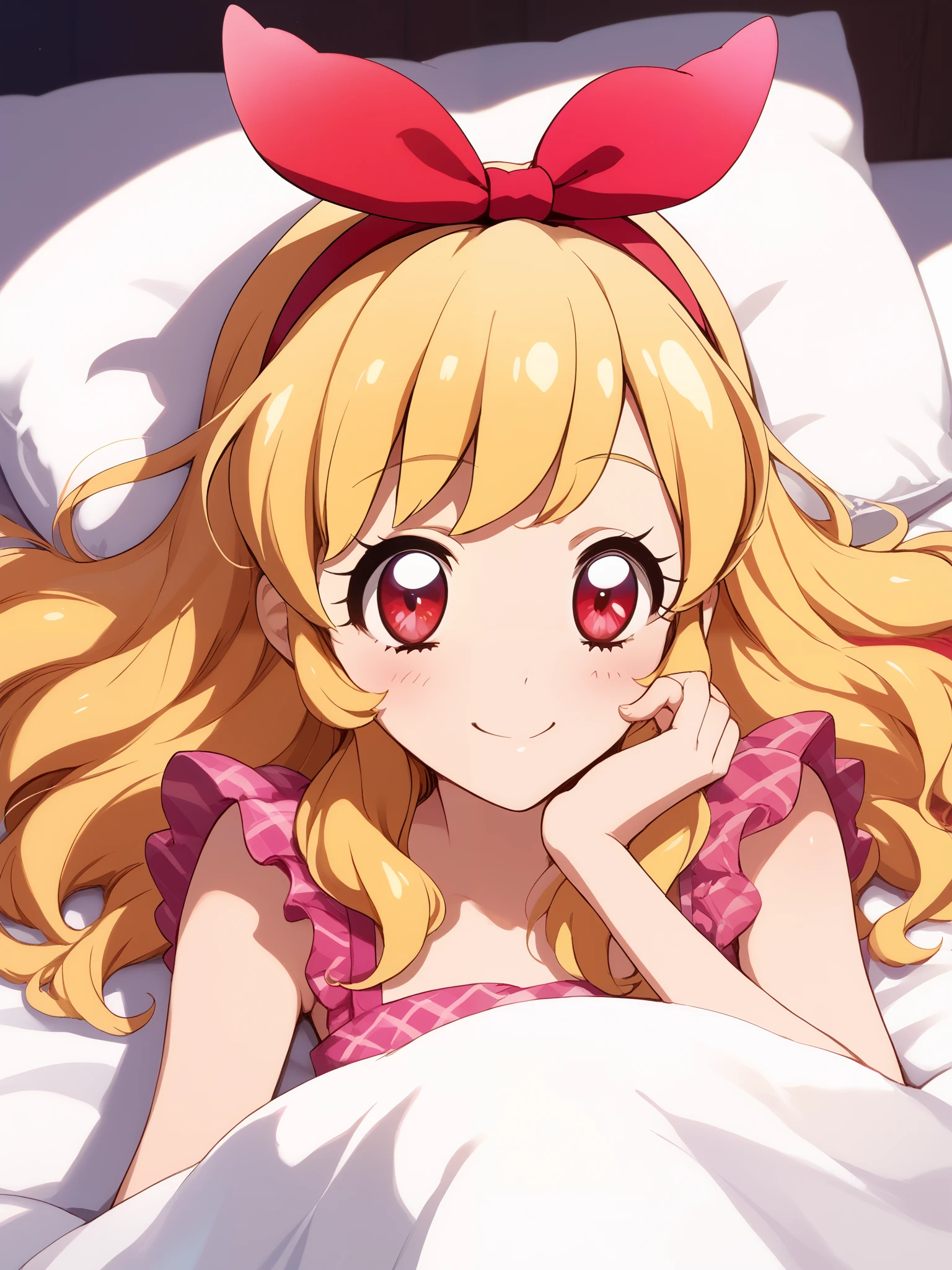 (RED Ribbon on HAIRband:1.2),a cute girls lying down on a blanket with big eyes and long hair, aoki reika, 1girl, Blonde hair, RED eyes, solo, shiny hair, long hair, smile, shiny, looking at viewer, pillow, lying, bangs, blush, hair ornament, closed mouth,Ichigo Hoshimiya (Aikatsu!),