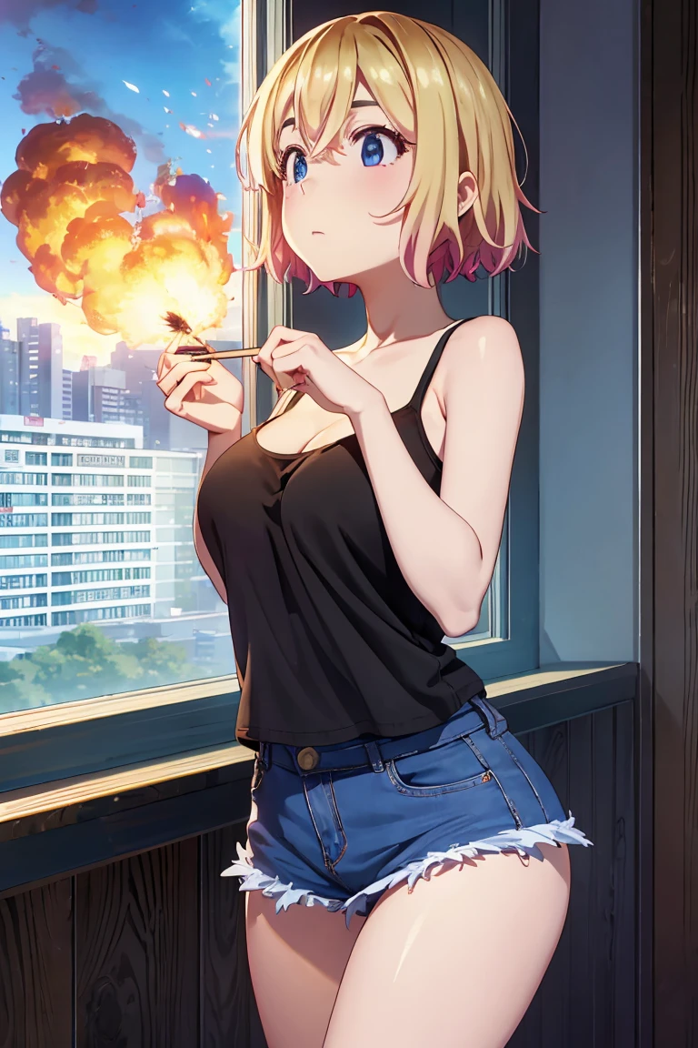 masterpiece, Highest quality anime illustrations, Super detailed,ultra high resolution、perfect lighting single girls, alone, Blonde、medium hair, anime , view at viewer, cleavage、 crouching 、I have a lighted matchstick、 black tank top 、 sexy short denim skirt holding a lighted match stick、Black panties、panties pull、at night、 fence、Explosion and Flames 、 Explosion Military Base in Flames、Building on fire