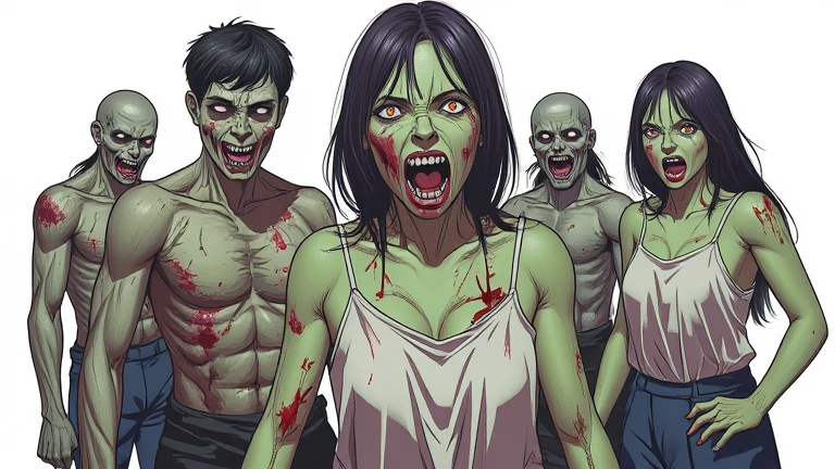 manhwa style, a group of zombies, green skin, cracked skin, blood, creepy face, sharp teeth, torn clothes, high detailed, without anomalies, ((side view)), white background