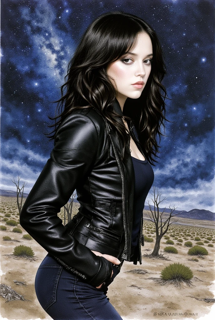 Beautiful portrait of a woman, Jenna Ortega,
young woman, long black hair,  small freckles, biker black leather jacket, in a desolated landscape, during night, ink and watercolor, aman0ayam1, high resolution, high definition, masterpiece, many details, cold colors