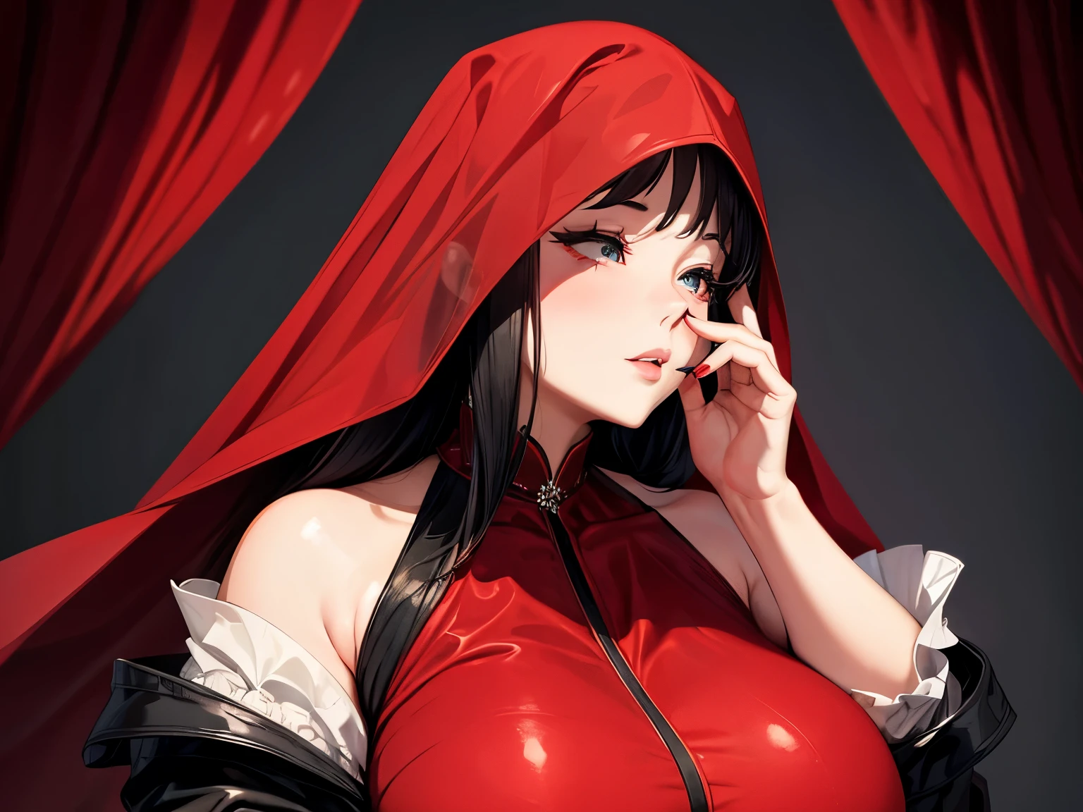 An elegant chubby woman, wearing a red veil covering her eyes, places her fingers on her lips, symbolizing silence. Her nails were long and painted bright red. The background is solid black