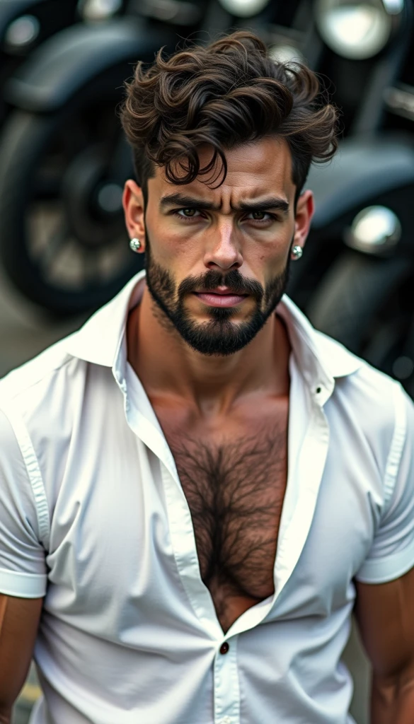 man, 25 years old, very hairy, (blue eyes), handsome, 1900 style, no shirt, hairy chest, from Italy, FUJIFILM, cinematography, 16k, uhd, in a street