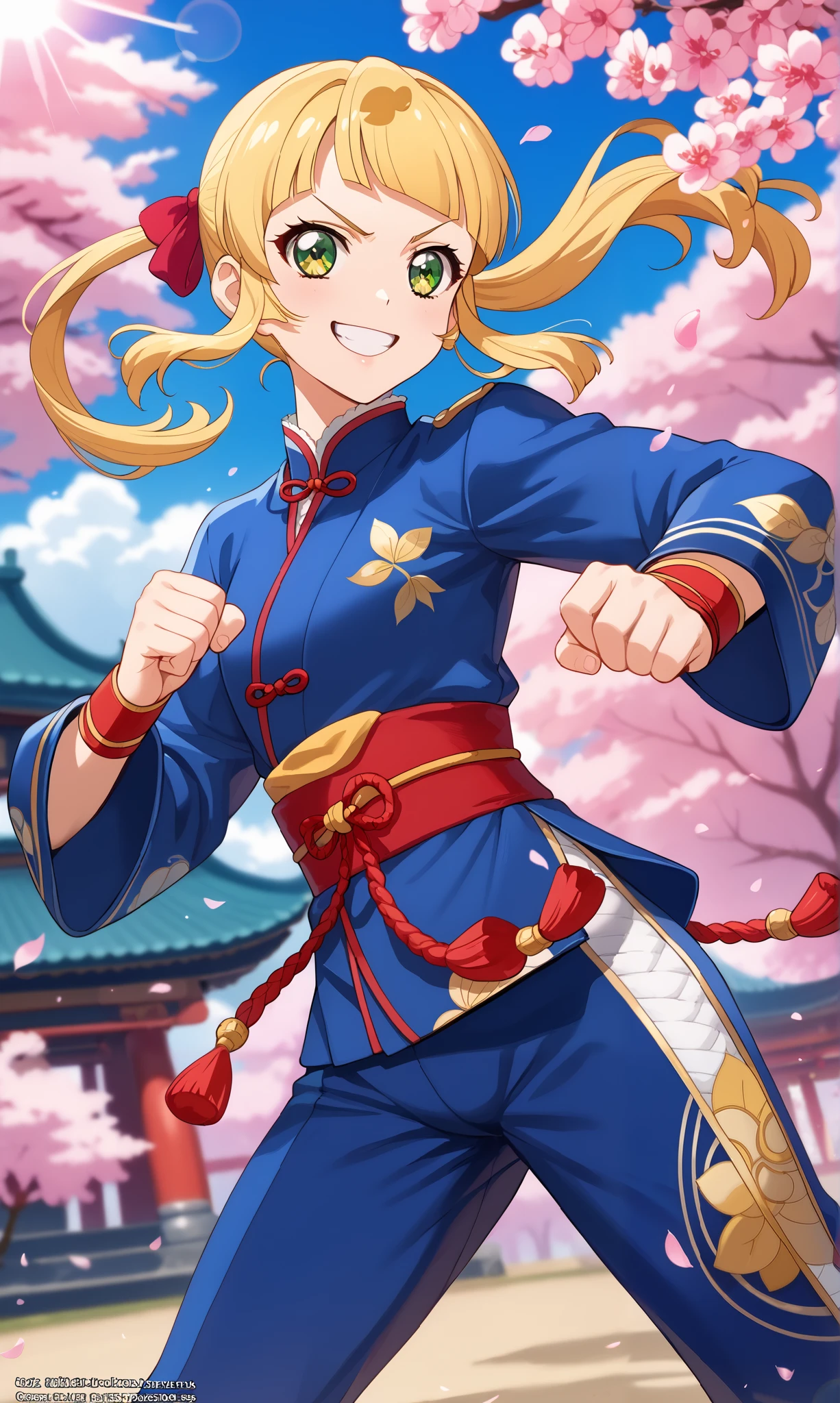 aikatsu,Blonde_HAIR,RED_HAIR_band,masterpiece,best quality,ultra-detailed,super detailed skin,an extremely delicate and beautiful,beautiful detailed eyes,,((Reference #Akira Toriyama)),((kawaii girl in Kung fu uniform)),(Kung fu pants),(grin),(dynamic pose),((deformed Kung Fu Girl)),(fighting stance),(super fine concept art),(metallic luster 4 6),(martial arts venue),(highly detailed background),(A cherry blossom forest filled with beautiful cherry blossoms),(caustics 1 0),(lens flare 1 0),(Super precise 9 9),(super high resolution 9 9),(extremely detailed 9 9),(caustics 4 9),(dynamic lighting 4 2),(lens flare 3 7),(depth of field 3 5),