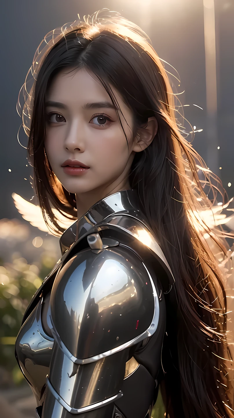 ((Best quality, 8k, Masterpiece: 1.3)), Sharp focus A beautiful girl with perfect body, Highly detailed face and skin texture, (Detailed eyes), Angel, winged angel, steel-armored angel, armed angel, black hair, messy long hair, hair over shoulder, halo, Scene descending from heaven, light shines from the sky In the darkness, sparkle, cinematic lighting, ray tracing