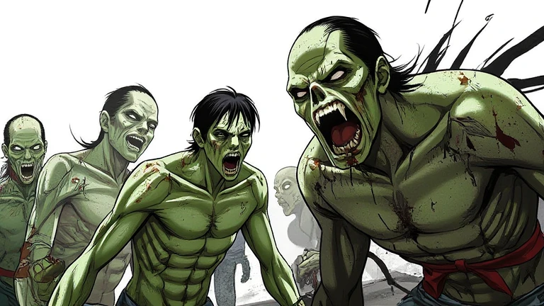 manhwa style, a group of zombies, green skin, cracked skin, blood, creepy face, sharp teeth, torn clothes, high detailed, without anomalies, ((side view, going to attack)), white background