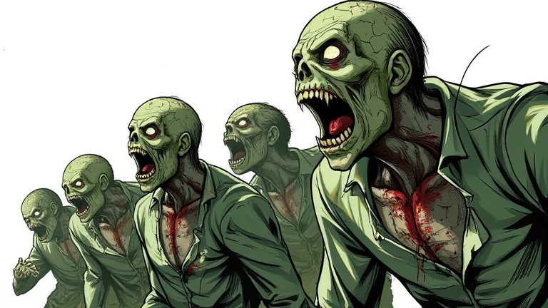 manhwa style, a group of zombies, green skin, cracked skin, blood, creepy face, sharp teeth, torn clothes, high detailed, without anomalies, ((side view, going to attack)), white background