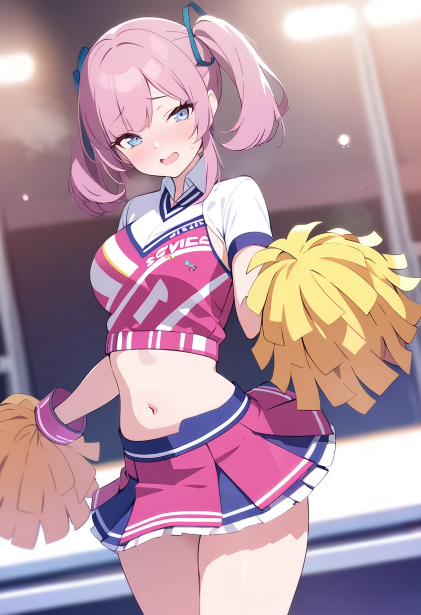 Pink Hair、Pink Eyes、girl、Small breasts、Hair Bun、girl、Small breasts、Lolita、Bright smile、Looks about 15 years old、Petan Musume、short、目のhighlight、Sexy thighs、Cheerleader、Please show me your armpits、Your eyes are so beautiful、highlight