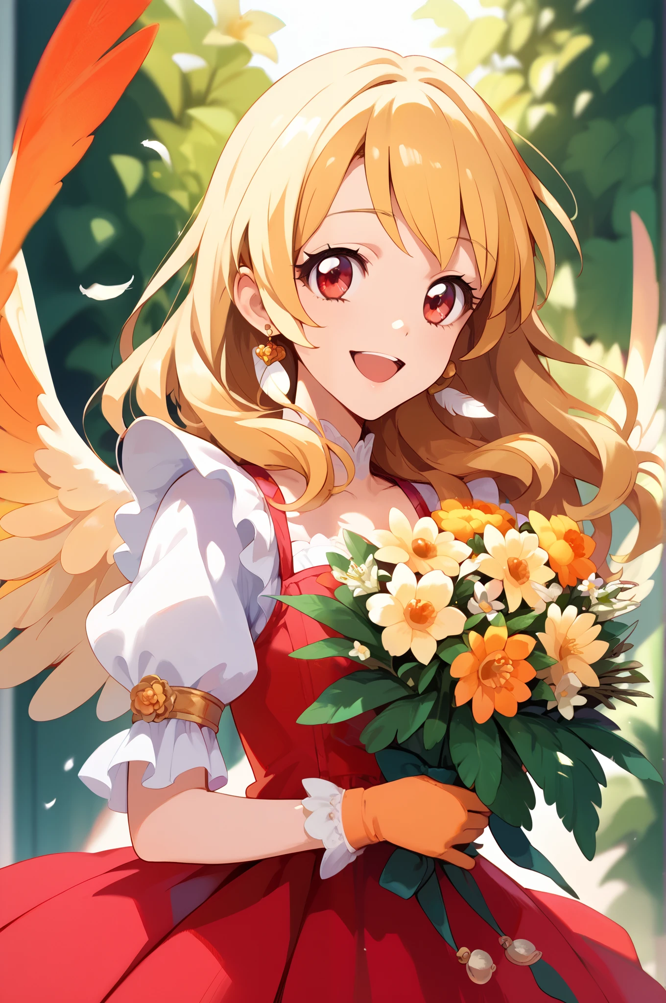 illustrated anime image of cute girl with wings holding a bouquet of flowers, 1girl, hoshimiya ichigo, flower, solo, blonde hair, feathers, red eyes, jewelry, open mouth, smile, earrings, gloves, long hair