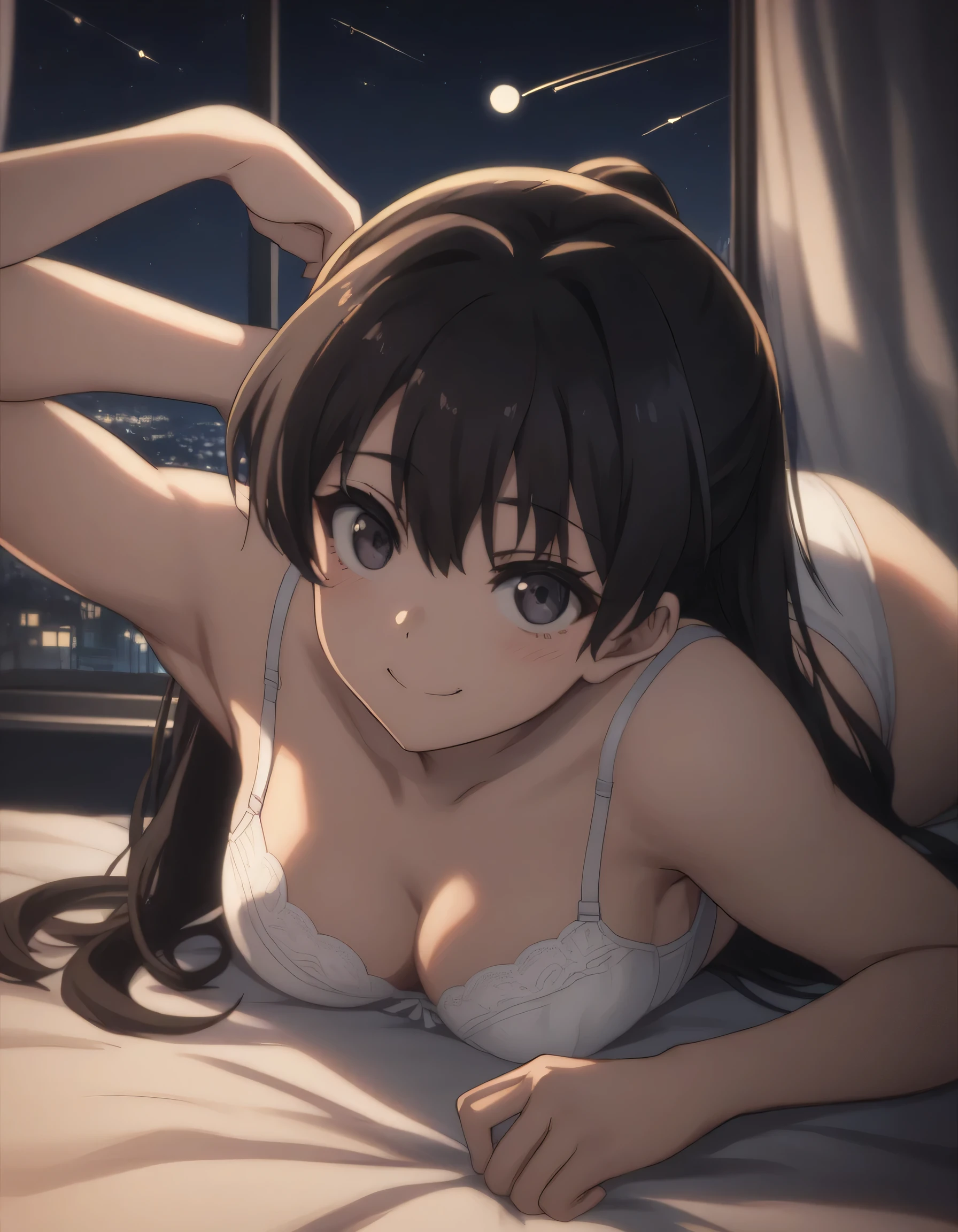 score_9, score_8_up, score_7_up, (gsfghtr), long straight hair, white bra, white panties, black hair, 1girl, bright, best lighting, smile, seduction face, blush, lying on bed, bent over, window, city lights at night, moon, shooting stars, armpit,
