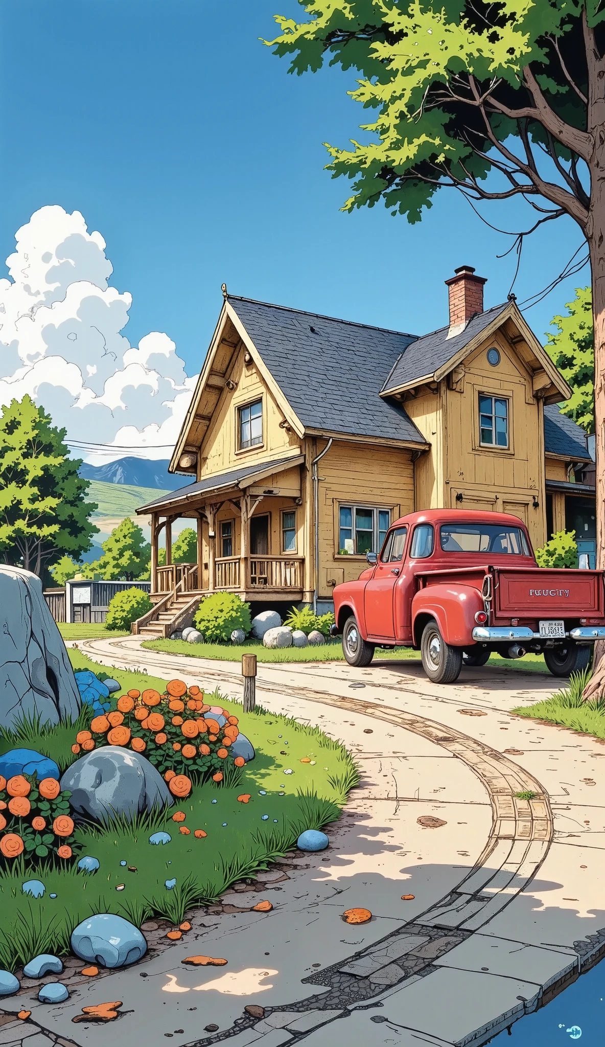 ( best quality,  masterpiece:1.2),  beautiful country house with a red truck in front of the house,  in the art of studio Ghibli , anime-manga art ,  elaborate details , chiaroscuro, cinematic lighting, UHD, Retina, masterpiece, Accurate,  anatomically correct , textured skin, Super detail, high details, high quality,  award winning , best quality, highres, 1080P, HD, 16K