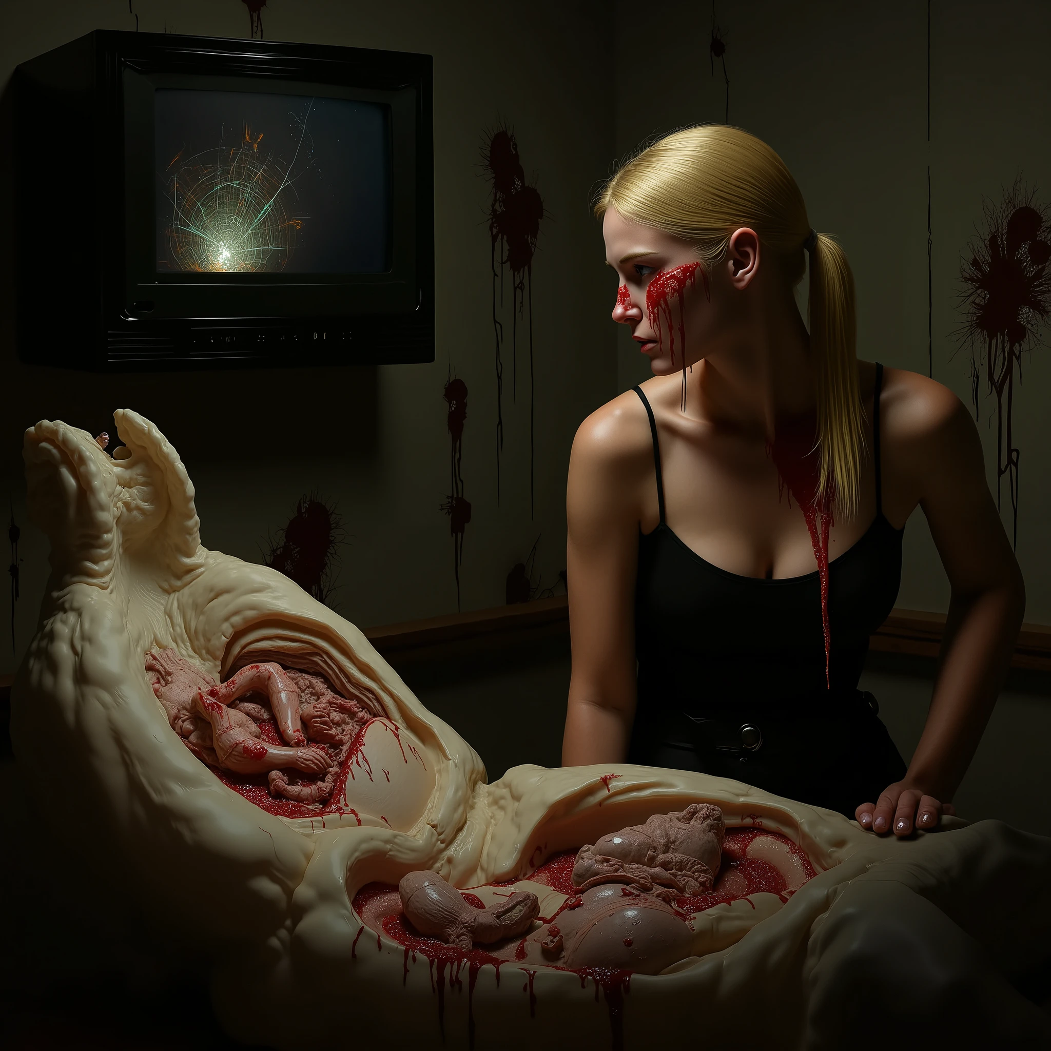 "(the best lighting,  high contrast , dark, dramatic),(Blonde woman next to a giant jelly weasel, Open the rib cage, fetus, autopsy, human bones, blood on the walls), tv on . Light Caravaggio"