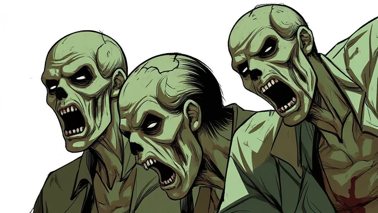 manhwa style, a group of zombies, green skin, cracked skin, blood, creepy face, sharp teeth, torn clothes, high detailed, without anomalies, ((side view, going to attack)), white background