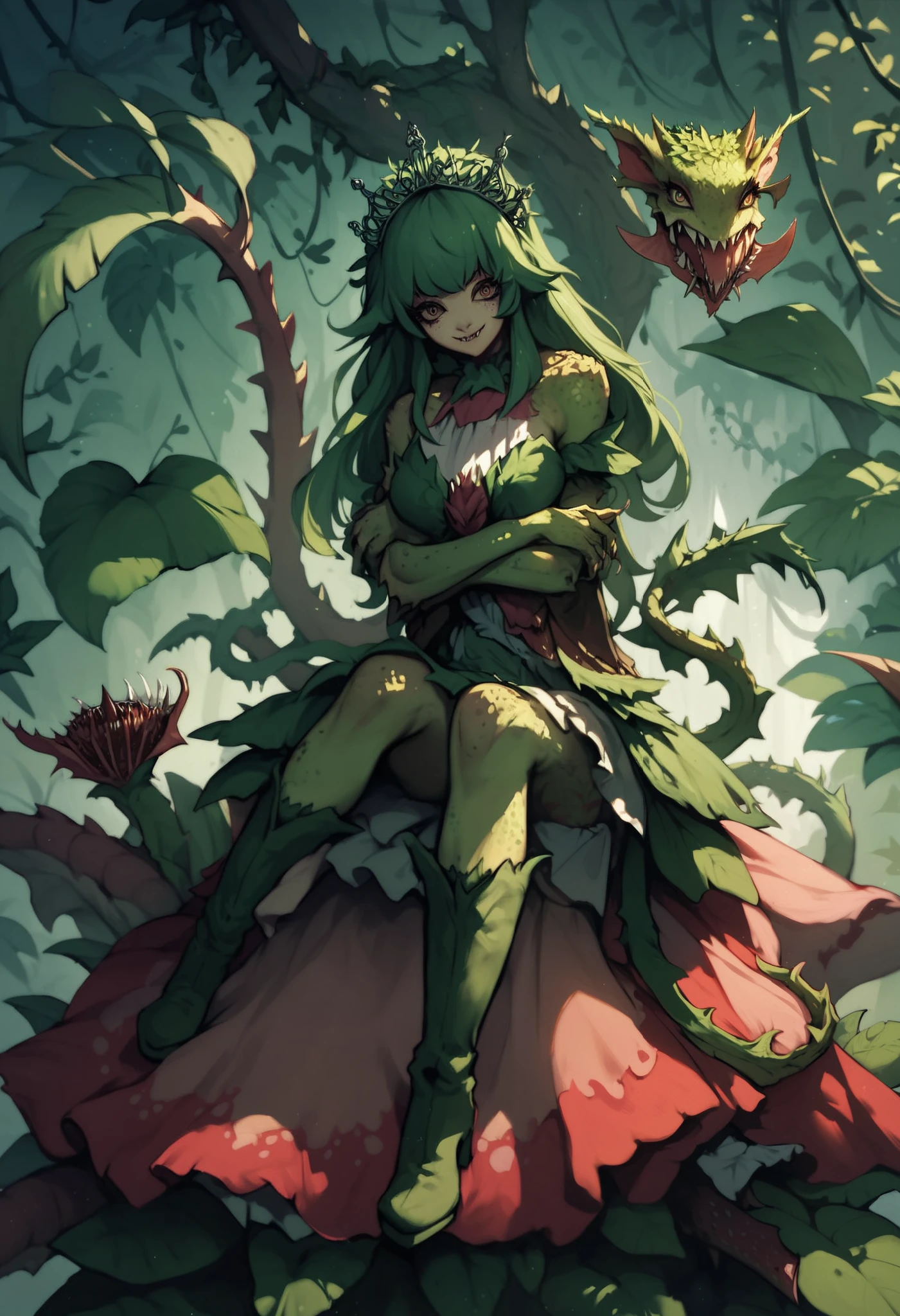 Alraune. Carnivorous plant elements. Tiara. Green hair. Ivy.Smiling. Bangs. Sharp eyes. Long boots. girl with plant elements. Dress. Green hair. Tiara. Sitting. Hugging.