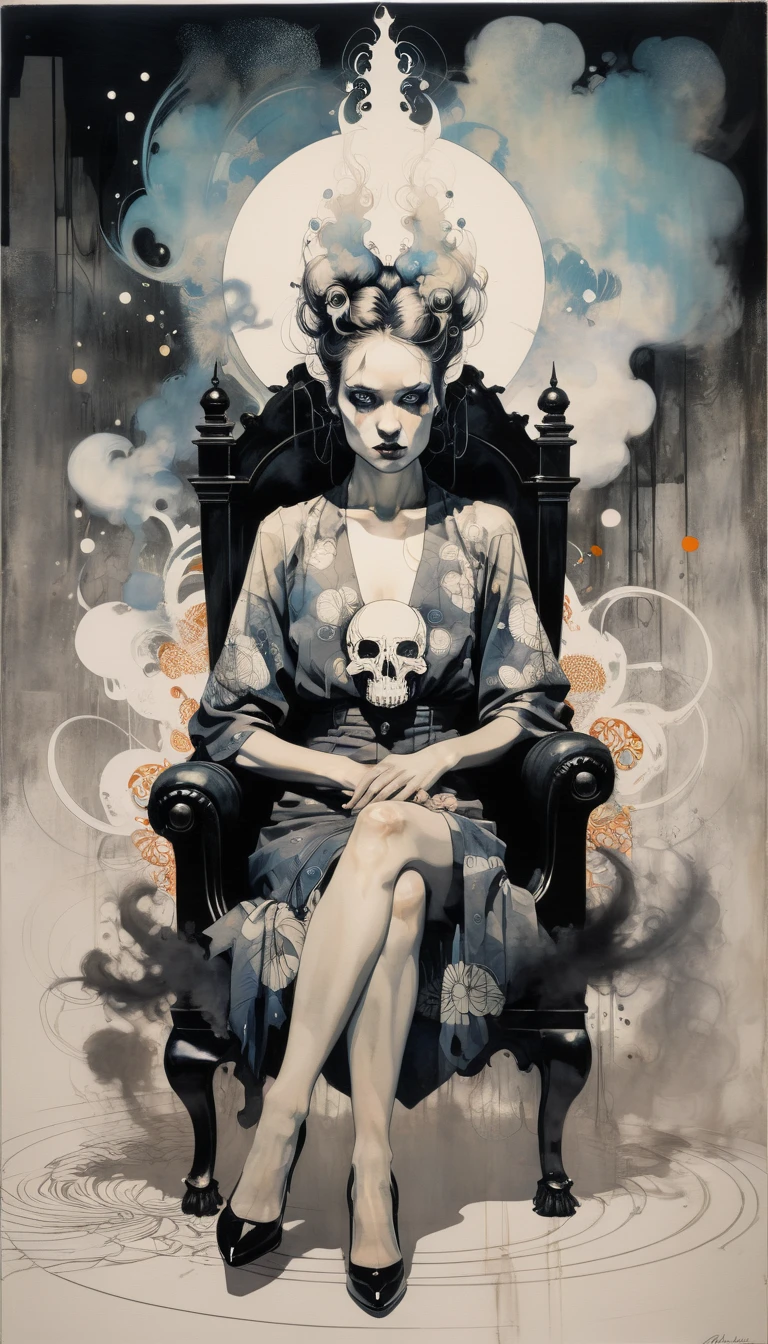 (Frida Kalho) is a beautiful charming vampire queen sitting on a throne, carved out of dark smoke, pale skin,dark fantasy background, black, circular colored smoke, waves of shadows at night, abstract skull ornaments, messy hair, soft colors, flat 4d street art in the style of adrian ghenie, esao andrews, jenny saville , edward hopper, surrealism, james jean dark, takato yamamoto, inkpunk minimalism, , detailed eyes with circular iris, seamless geometric pattern harmony, luminogram, iron gall ink, art by Russ Mills, Sakimichan,, by GIlSam -paio octane rendering depicting innovation and truth, 8k, by Lee Jeffries, depth - Gs studio