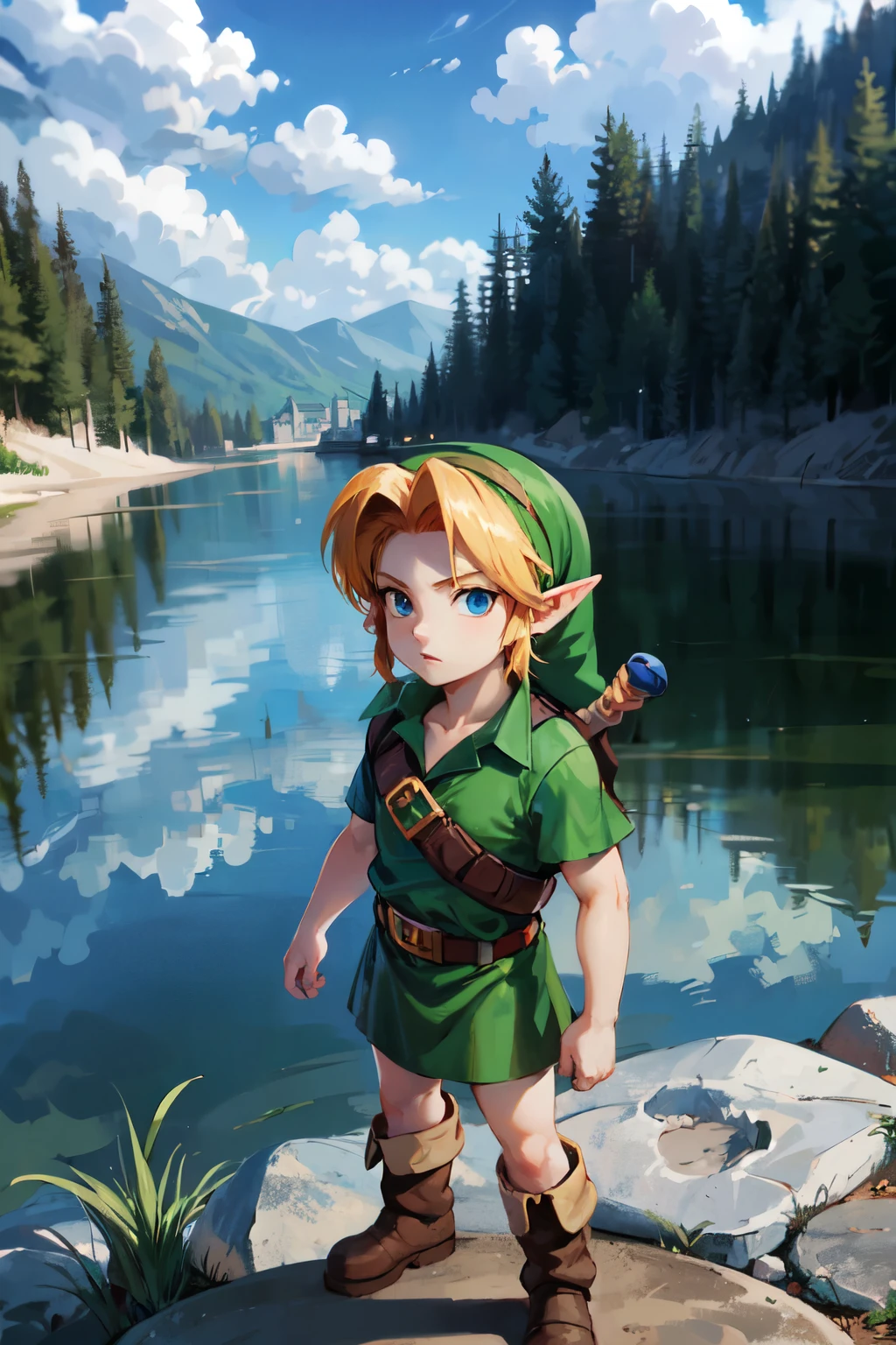 young link, Chico, by rubio, blue eyes, has, pointy ears, blue tunic, belt, Boots, looking at the viewer, outside, Magic lake, lake, extreme detail, HdR, beautiful quality, masterpiece,