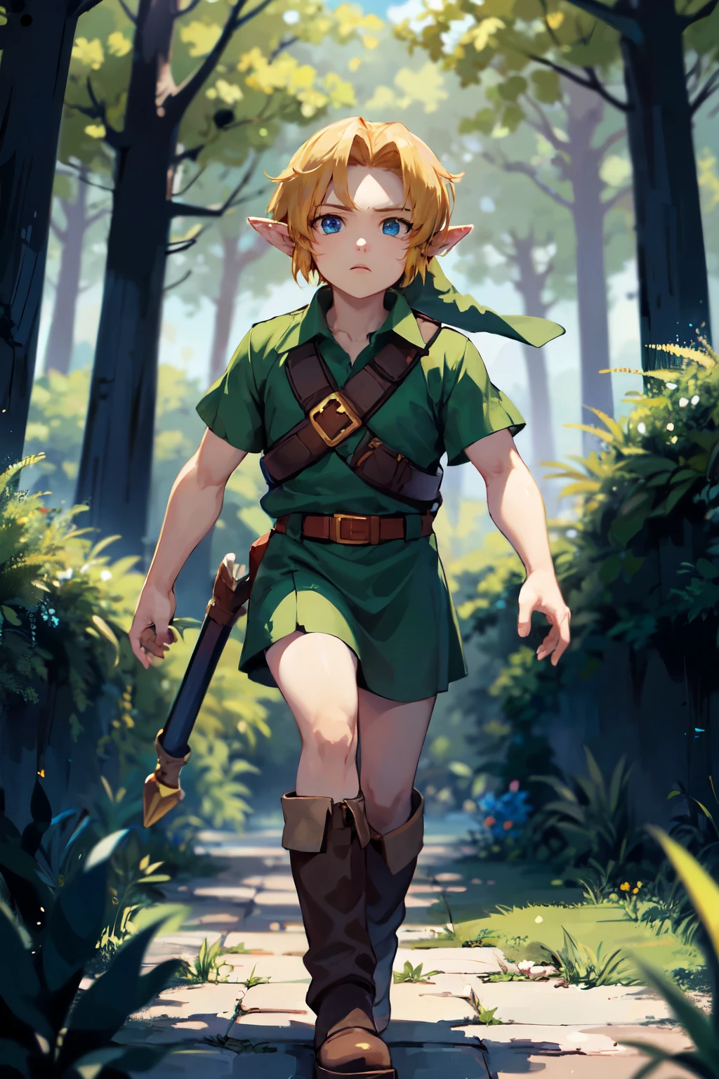 Young link , chico, by the ruby, Blue eyes, has,  pointy ears , ((blue tunic)),  belt, boots,  looking at the viewer, outside, Magical forest,  extreme detail , hdr, beautiful quality,  masterpiece,