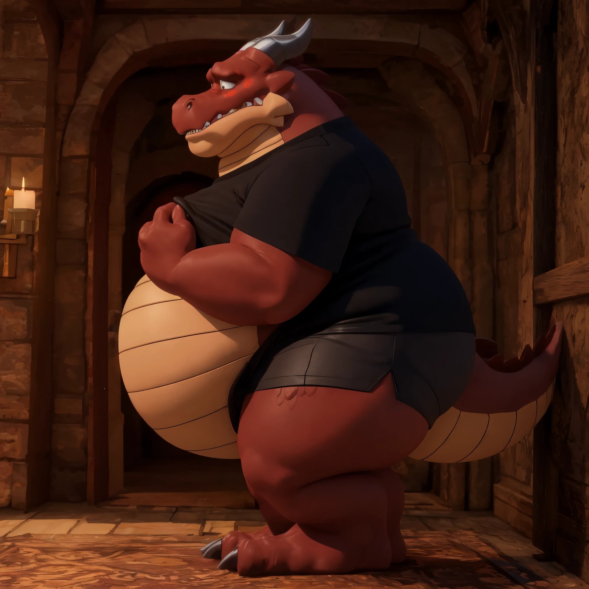 Male dragon, side view, extremely obese, very fat body, fat cheeks, huge belly, long mouth, enormous chin, very big round belly, very big boobs, big pointy teeth, chubby face, 3D render, tight short sleeves t-shirt, t-shirt cut above his boobs, too tiny t-shirt, briefs, putting his belly forward, hands on his pelvis, whole body visible, sad, ashamed, blushing, very detailed eyes, vivid colors, cartoon style, Solo