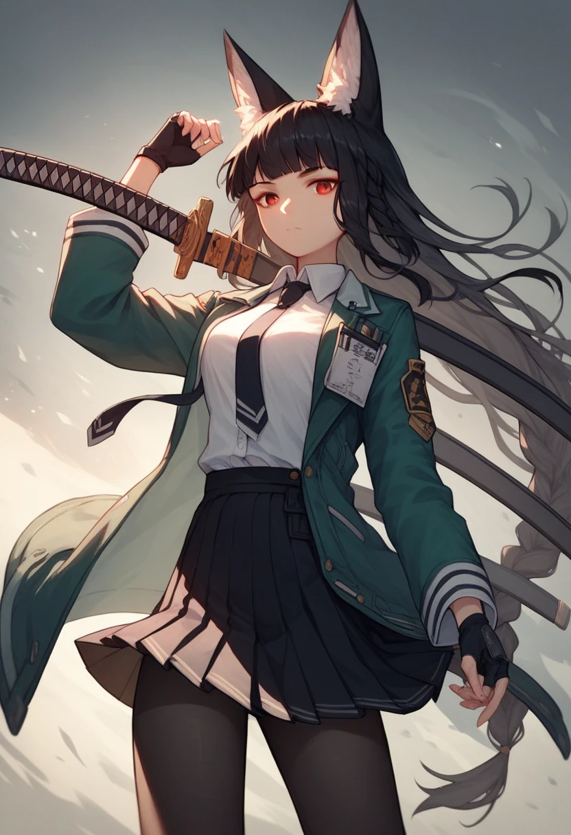 girl, solo, long hair, looking at viewer, bangs, skirt, shirt, black hair, red eyes, gloves, long sleeves, animal ears, very long hair, closed mouth, jacket, white shirt, weapon, braid, pantyhose, pleated skirt, open clothes, necktie, black gloves, collared shirt, sword, blunt bangs, fingerless gloves, black skirt, open jacket, animal ear fluff, fox ears, katana, green jacket