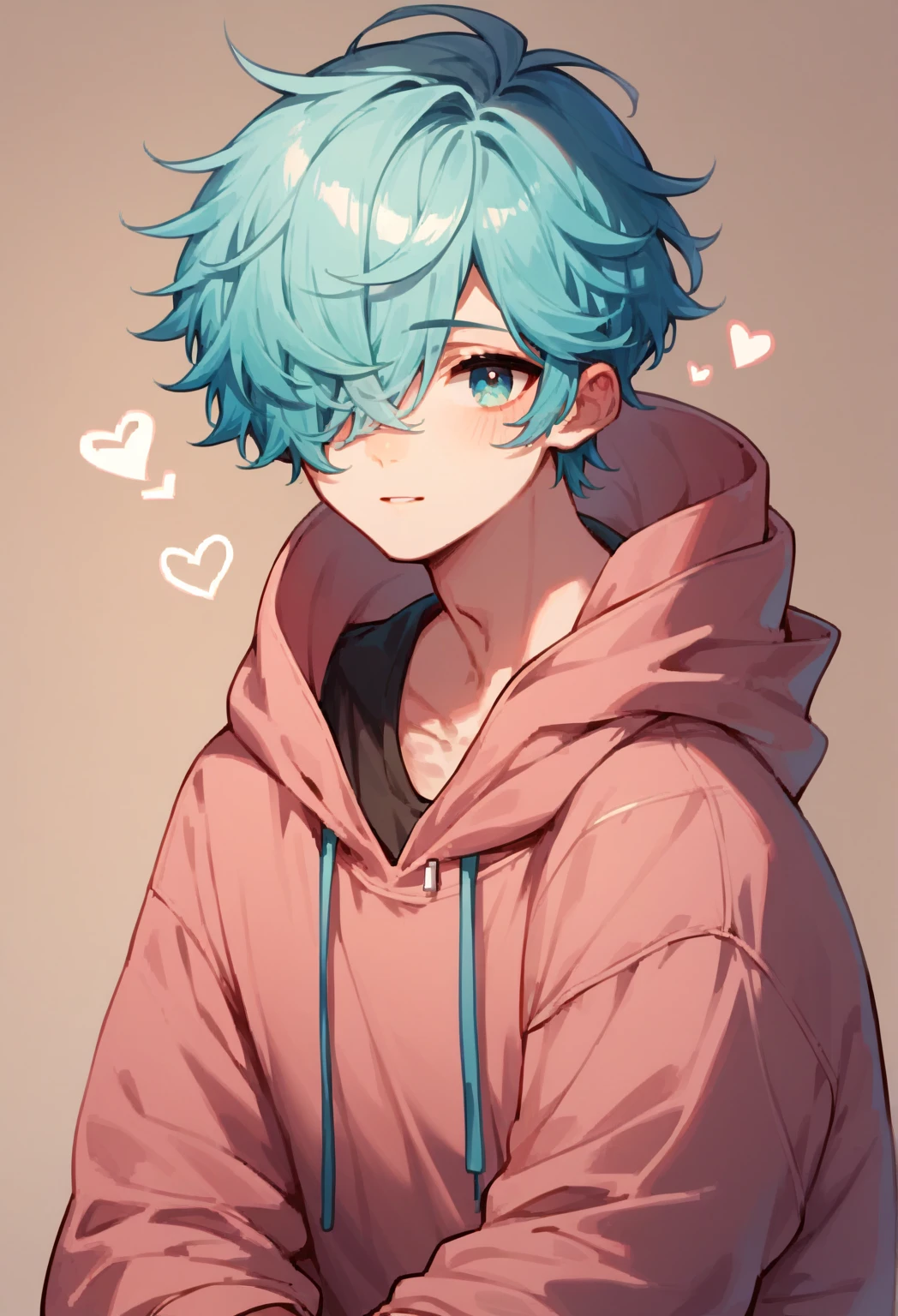 score_9, score_8_up, score_7_up, score_6_up, 1boy, long cyan hair, hair over one eye, oversized hoodie, exposed lower half, heart shaped floating icons