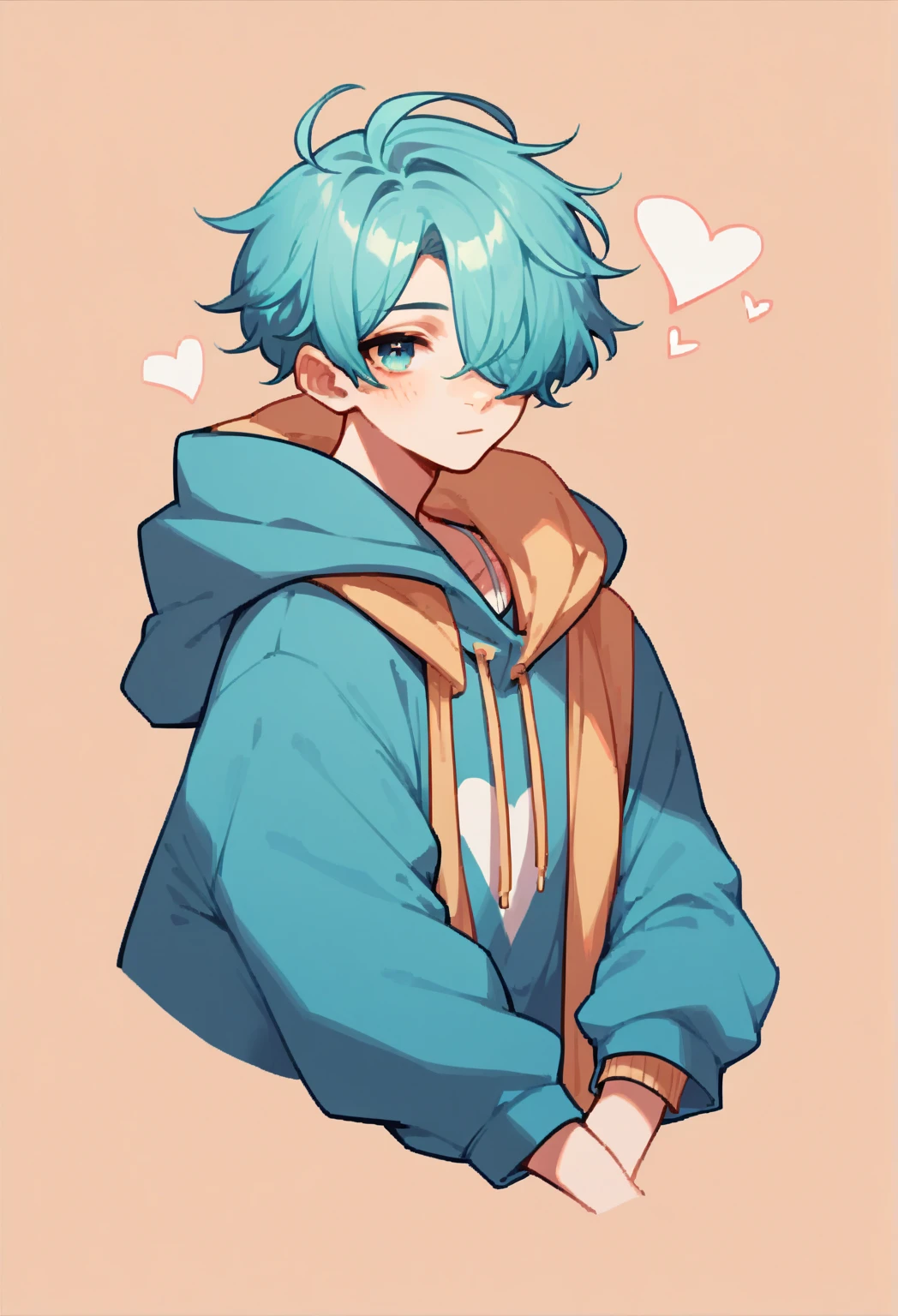 score_9, score_8_up, score_7_up, score_6_up, 1boy, long cyan hair, hair over one eye, oversized hoodie, exposed lower half, heart shaped floating icons