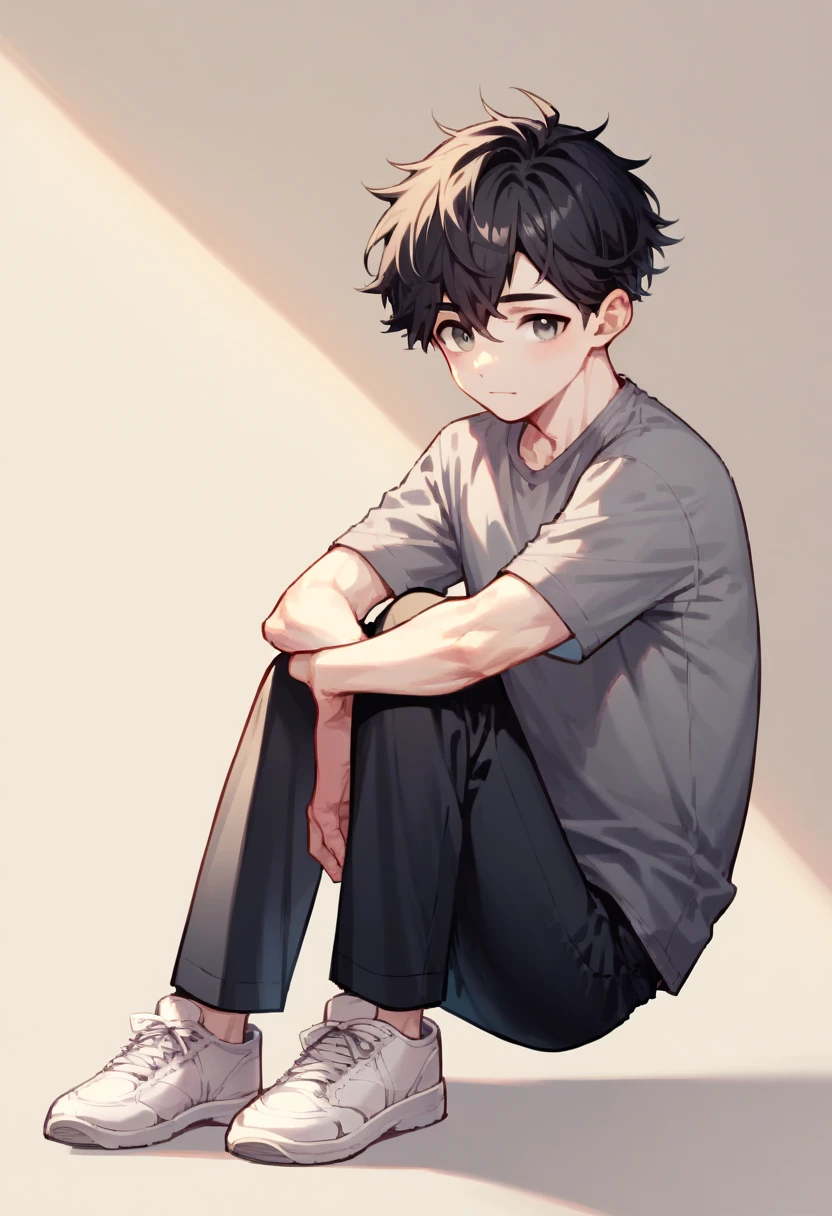 black hair, gray shirt, black pants, white shoes, white body, gray eyes, cute face, male