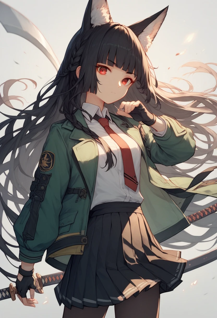 girl, solo, long hair, looking at viewer, bangs, skirt, shirt, black hair, red eyes, gloves, long sleeves, animal ears, very long hair, closed mouth, jacket, white shirt, weapon, braid, pantyhose, pleated skirt, open clothes, necktie, black gloves, collared shirt, sword, blunt bangs, fingerless gloves, black skirt, open jacket, animal ear fluff, fox ears, katana, green jacket