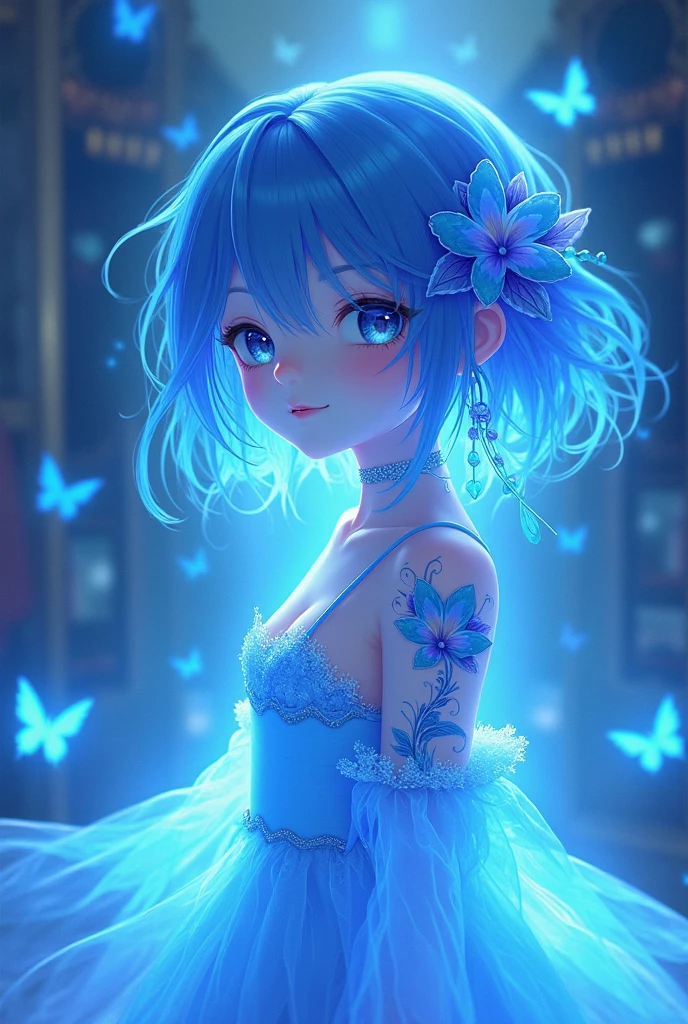 Blue shared girl glowing anime, with flowers tattoo on her left shoulder glowing.
There is a "Synth Girl Fund" banner on the backround.
