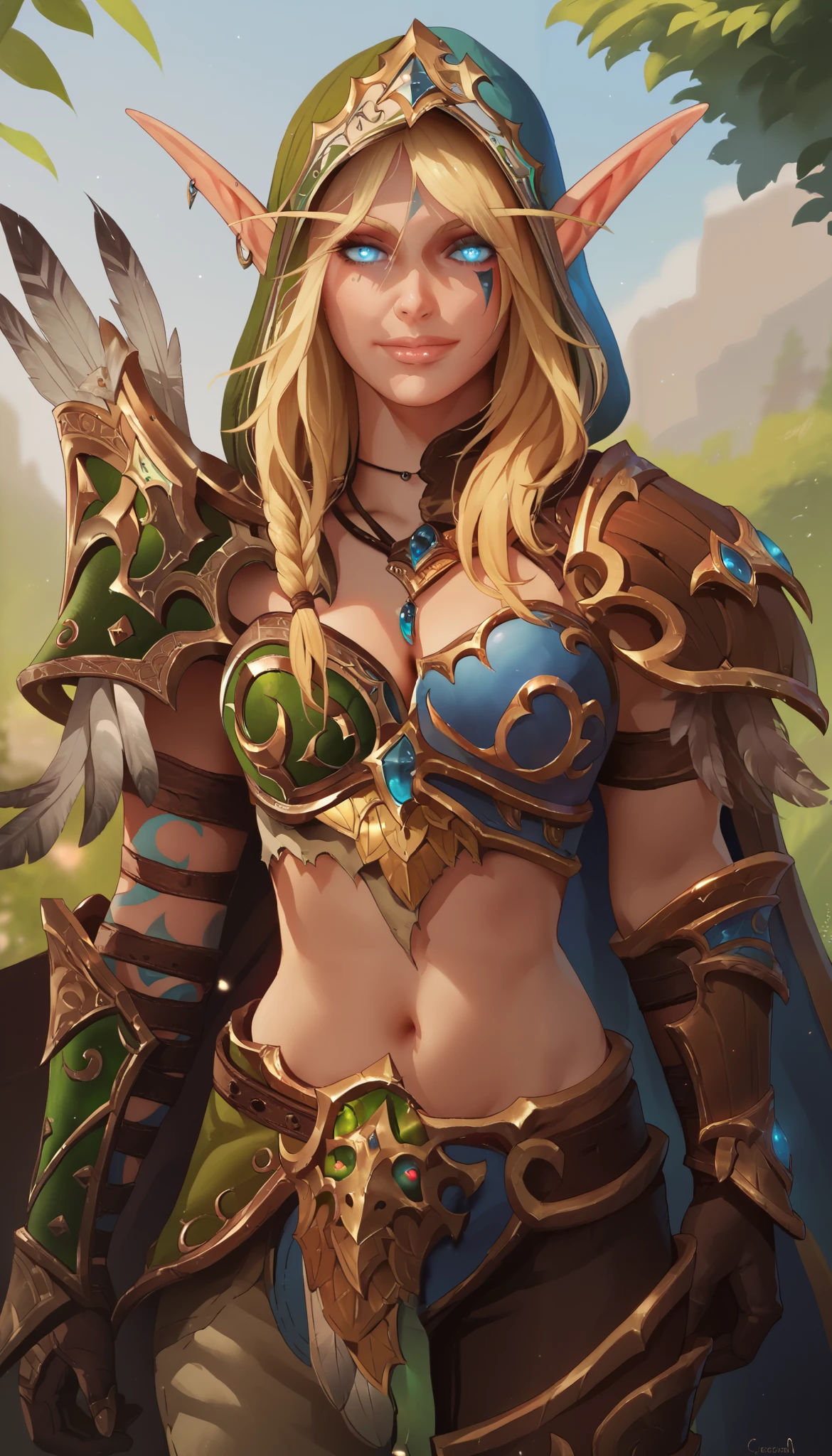 BREAK 1girl, looking at viewer, alleria windrunner, blue eyes, blonde hair, pointy ears, elf, tattoo, glowing eyes, facial mark, armor, shoulder armor, gloves, cleavage, jewelry, necklace, feathers, belt , cape, smile