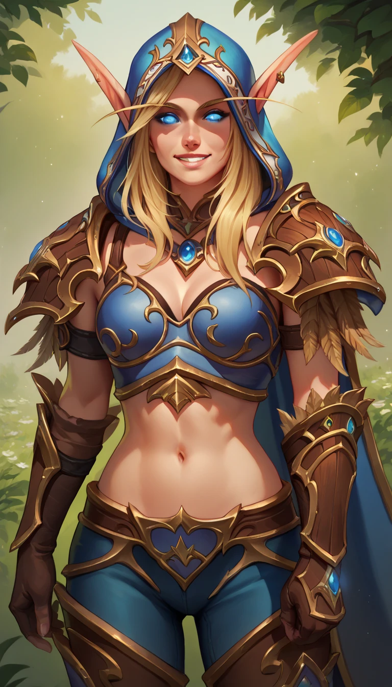 BREAK
 sylwingeneral, long hair, blue eyes, blonde hair, pointy ears, elf, brown eagle shaped shoulder armor, breastplate, hood, gloves, armor, midriff, cape, pants, looking at viewer, smile